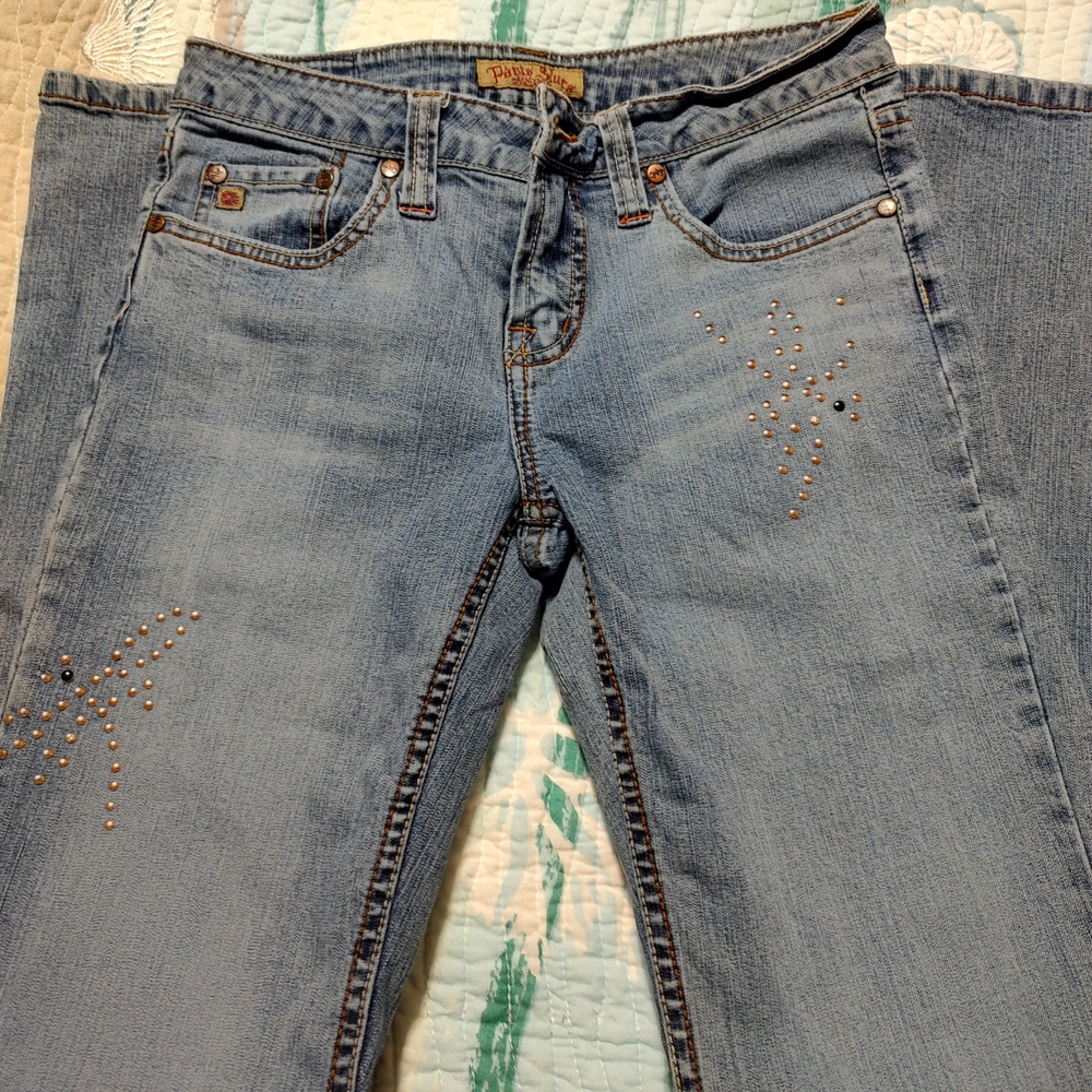 Paris Blues Light Wash Flare Jeans with Embellishments, size 5 EUC